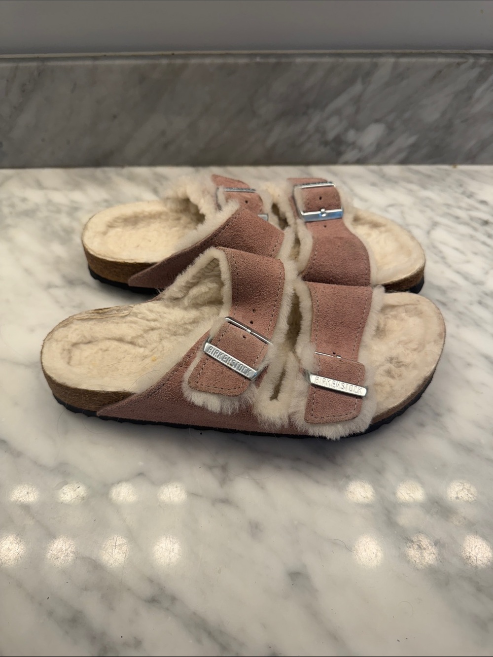 Birkenstock Double-Buckle Shearling Slide Sandals in Dusty Pink